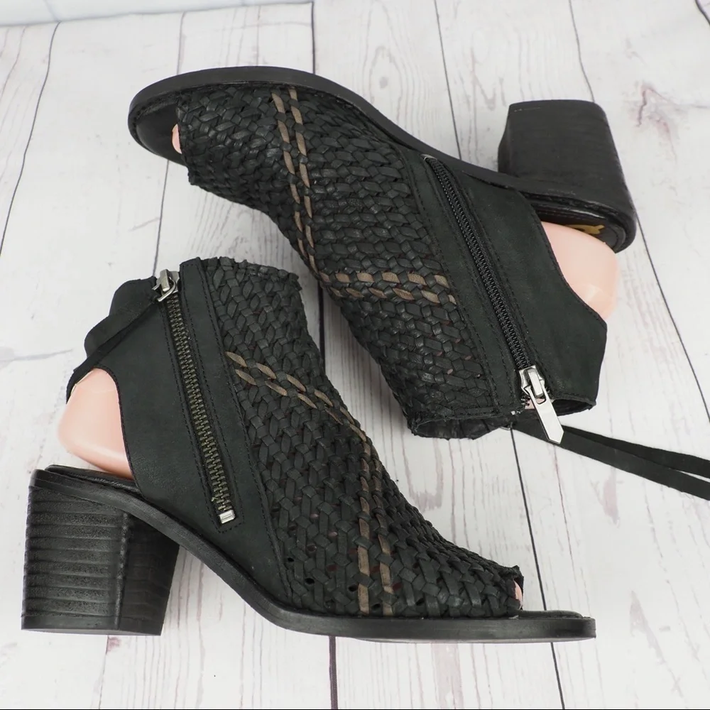 Sam Edelman Cooper 7 black woven leather peeptoe booties